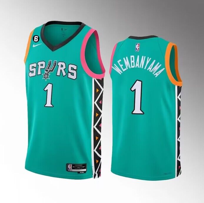 Men's San Antonio Spurs #1 Victor Wembanyama Teal 2022/23 City Edition Swingman With NO.6 Patch Stitched Basketball Jersey Men's San Antonio Spurs #1 Victor Wembanyama Teal 2022/23 City Edition Swingman With NO.6 Patch Stitched Basketball Jersey